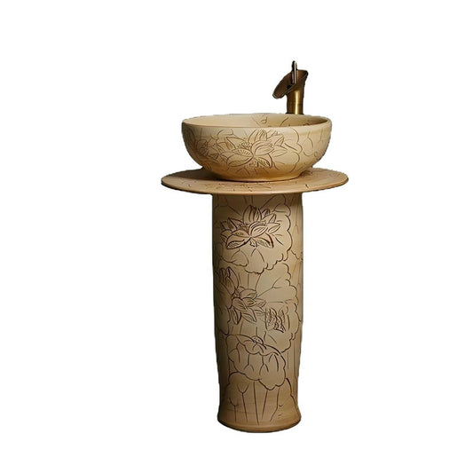 Hand Carved Floor Mounted Porcelain Pedestal Basin Freestanding Pedestal