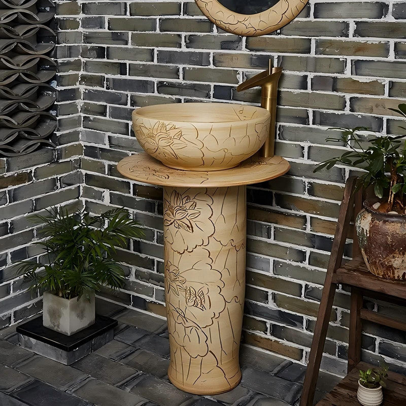 Hand Carved Floor Mounted Porcelain Pedestal Basin Freestanding Pedestal