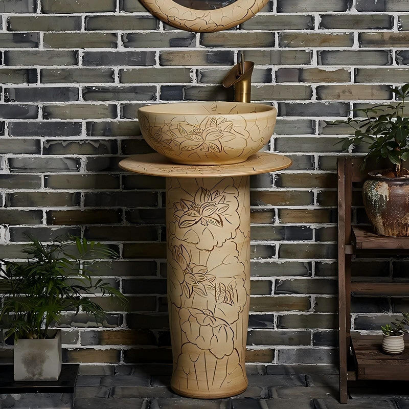 Hand Carved Floor Mounted Porcelain Pedestal Basin Freestanding Pedestal